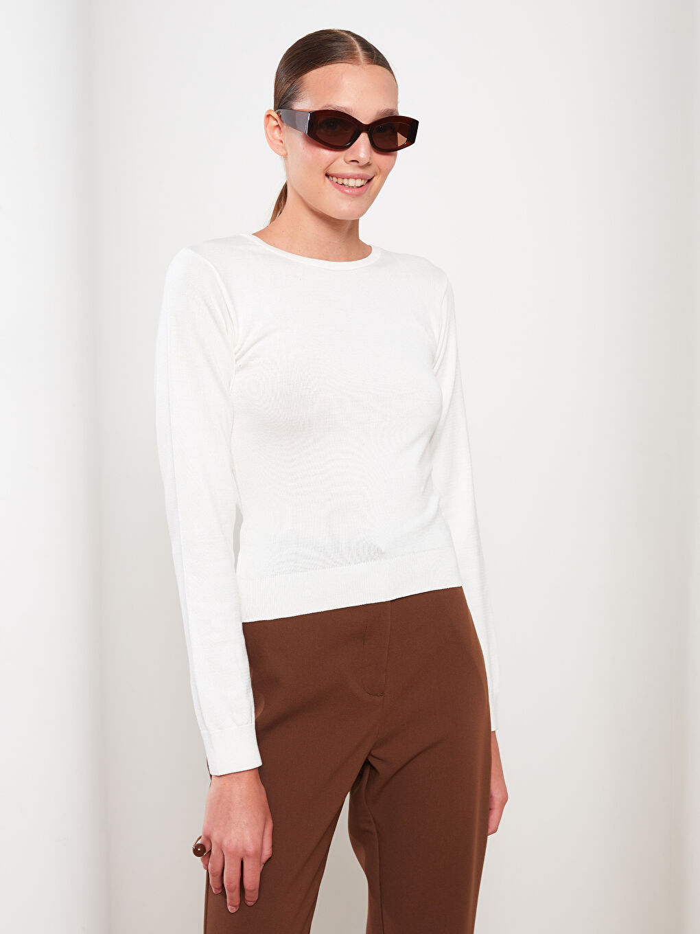 Ekru Bisiklet Yaka Düz Uzun Kollu Kadın Triko Kazak-2