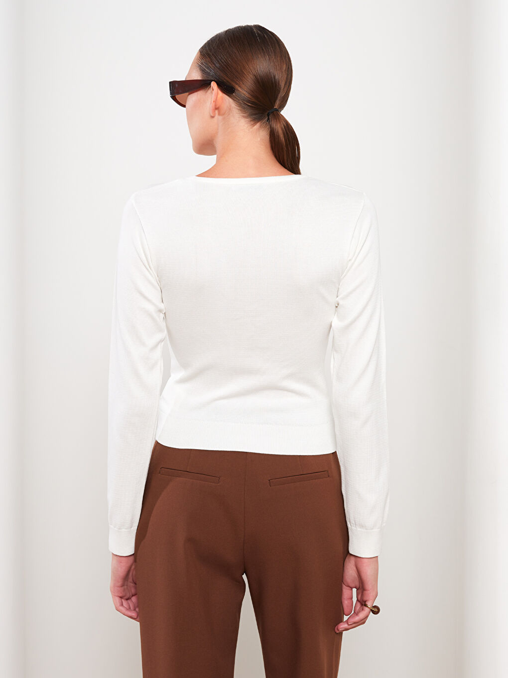 Ekru Bisiklet Yaka Düz Uzun Kollu Kadın Triko Kazak-4