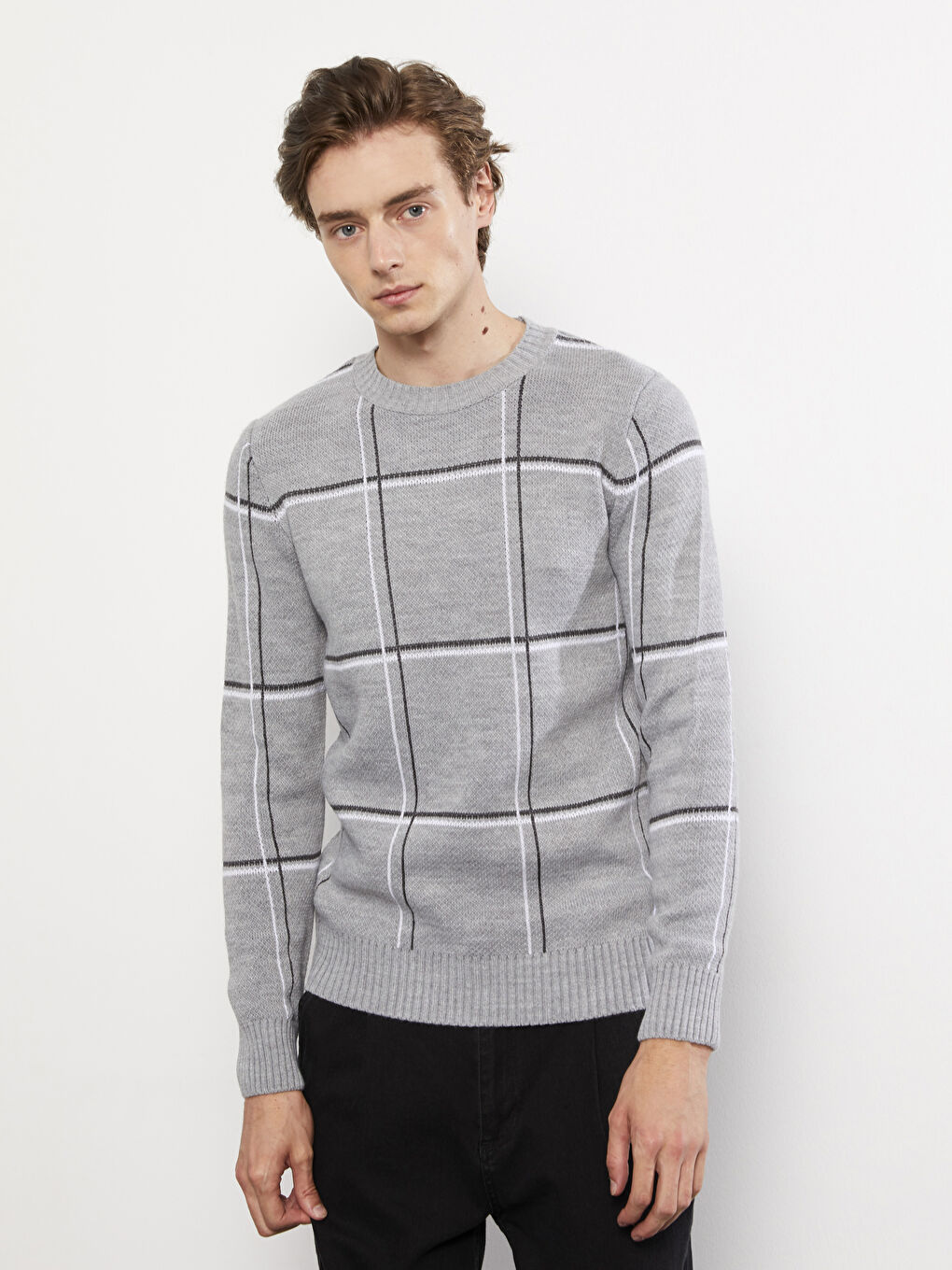 Crew Neck Long Sleeve Plaid Men's Knitwear Sweater