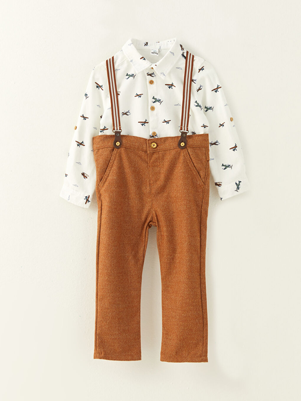 Ekru Uzun Kollu Baskılı Erkek Bebek 3'lü Takım