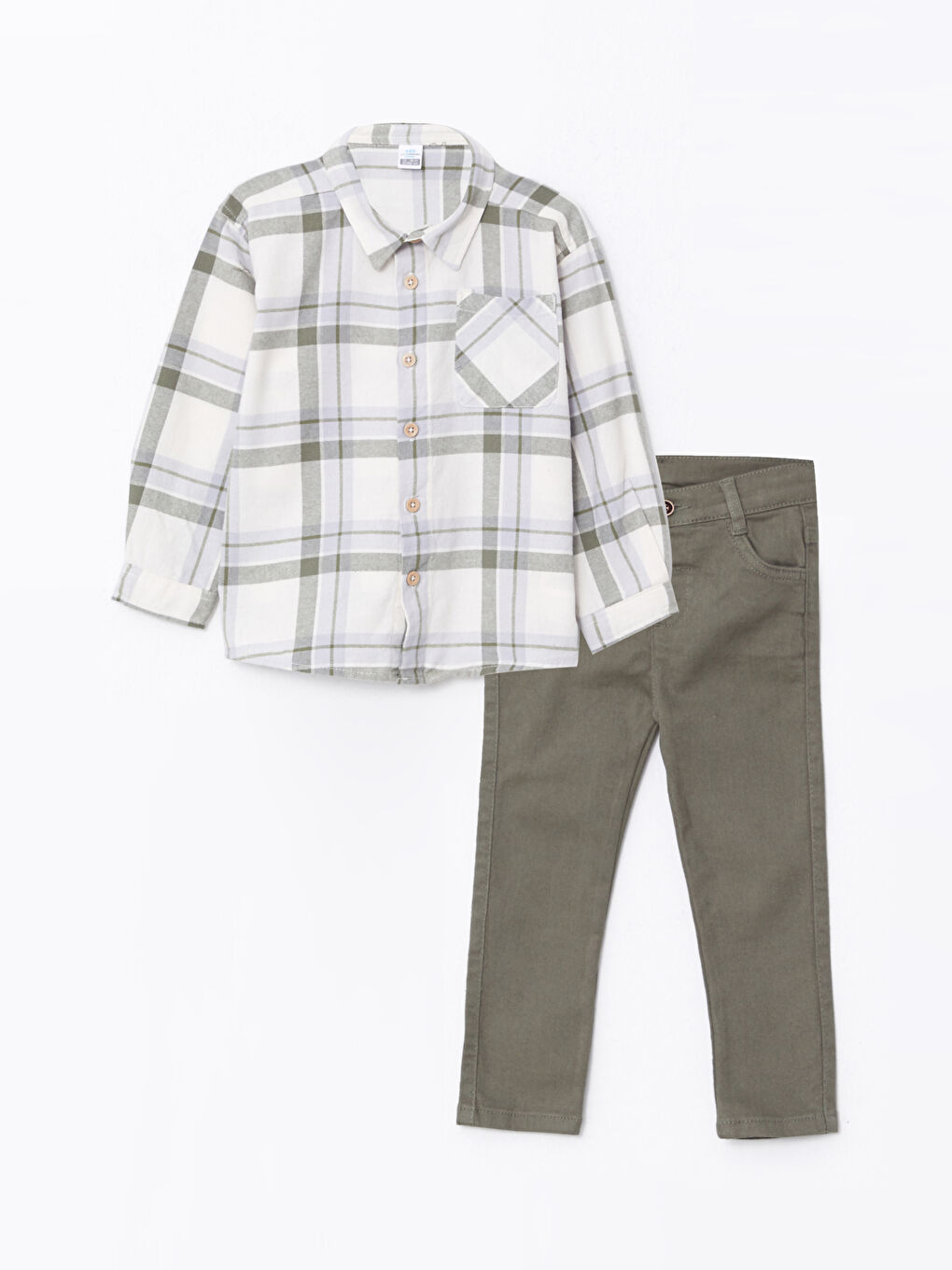Haki Uzun Kollu Baskılı Pamuklu Erkek Bebek Gömlek ve Pantolon 2'li Takım