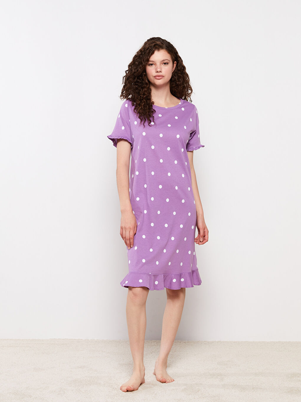 Crew Neck Polka Dot Short Sleeve Cotton Women's Nightgown
