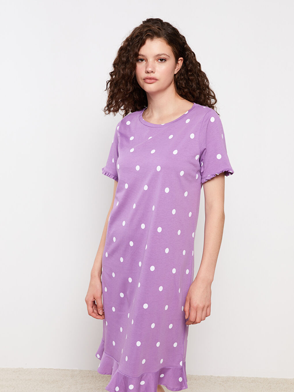 Crew Neck Polka Dot Short Sleeve Cotton Women's Nightgown-1