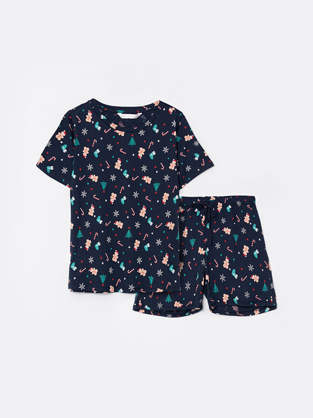 Lacivert Bisiklet Yaka Yılbaşı Temalı Kısa Kollu Pamuklu Kadın Pijama Takımı-5