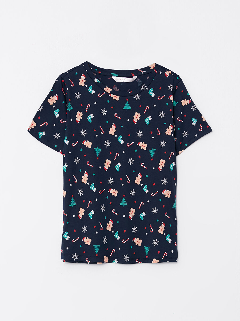 Lacivert Bisiklet Yaka Yılbaşı Temalı Kısa Kollu Pamuklu Kadın Pijama Takımı-6