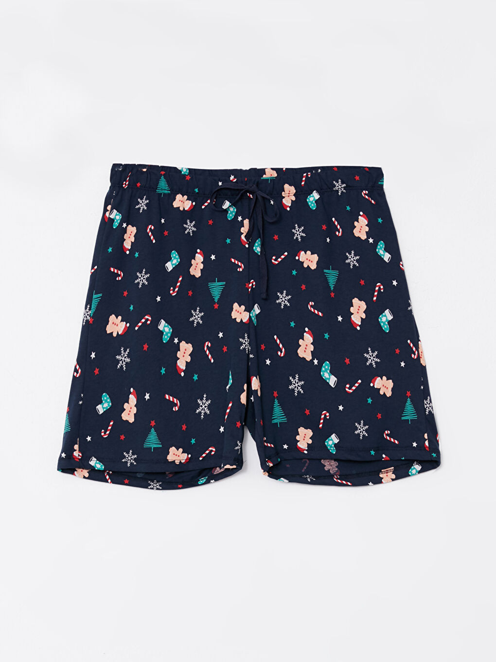 Lacivert Bisiklet Yaka Yılbaşı Temalı Kısa Kollu Pamuklu Kadın Pijama Takımı-7