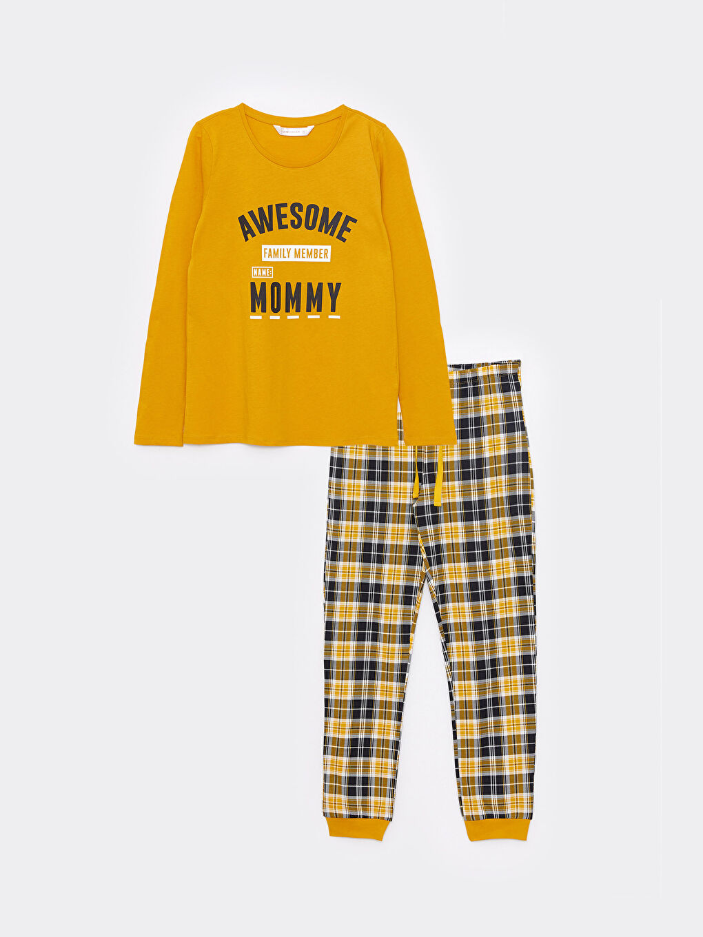 Sarı Bisiklet Yaka Baskılı Uzun Kollu Kadın Pijama Takımı-11