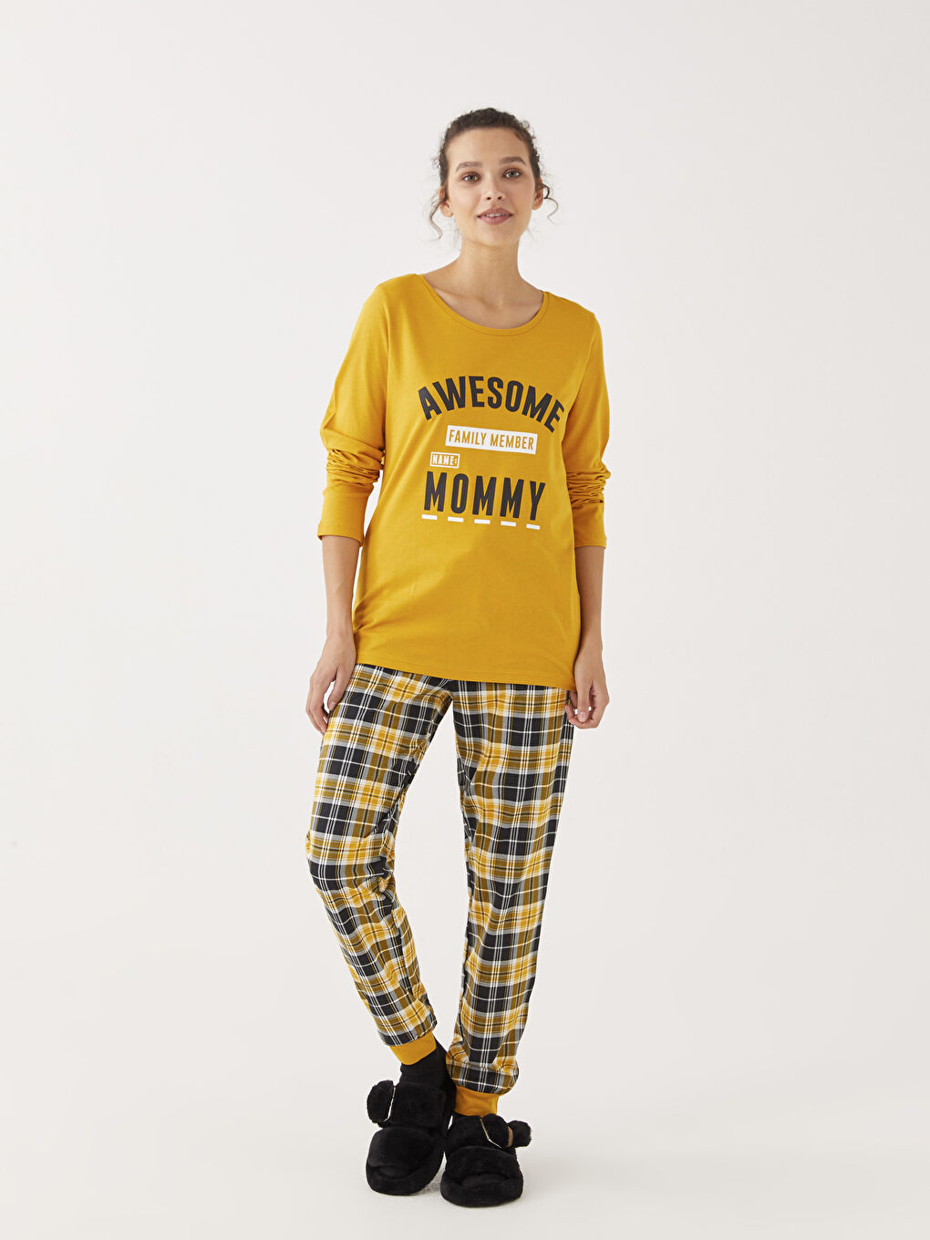 Sarı Bisiklet Yaka Baskılı Uzun Kollu Kadın Pijama Takımı