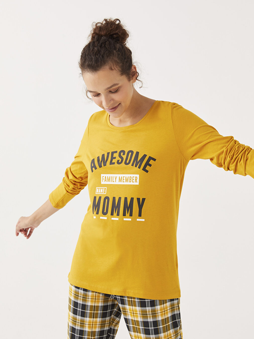 Sarı Bisiklet Yaka Baskılı Uzun Kollu Kadın Pijama Takımı-4