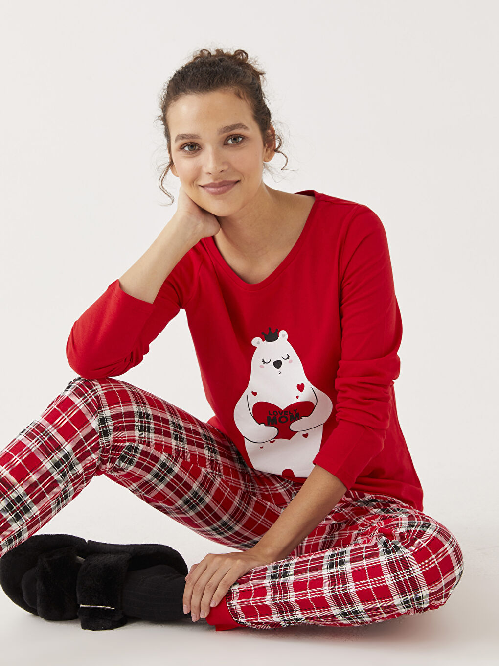 Kırmızı Bisiklet Yaka Baskılı Uzun Kollu Pamuklu Kadın Pijama Takımı