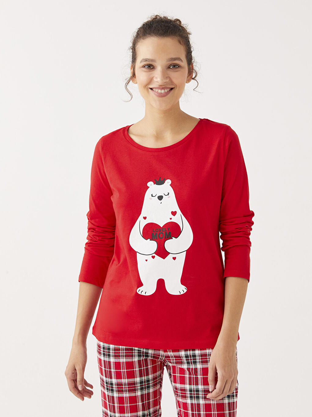 Kırmızı Bisiklet Yaka Baskılı Uzun Kollu Pamuklu Kadın Pijama Takımı-2