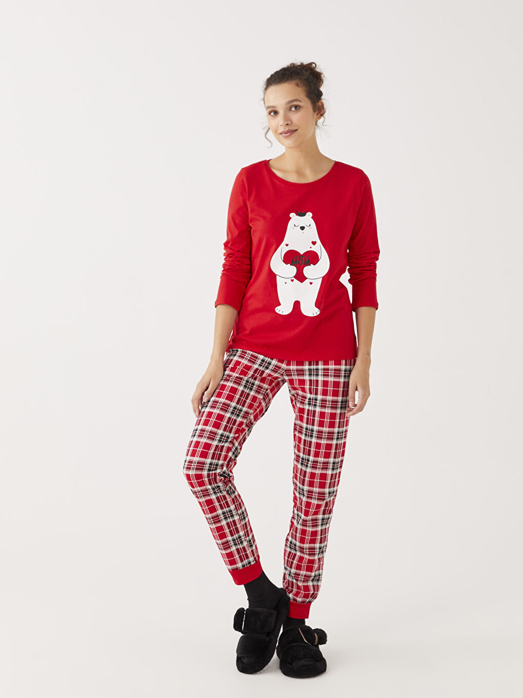 Kırmızı Bisiklet Yaka Baskılı Uzun Kollu Pamuklu Kadın Pijama Takımı-4