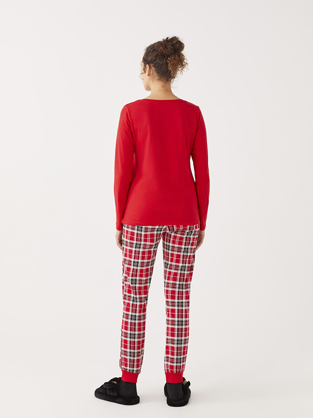 Kırmızı Bisiklet Yaka Baskılı Uzun Kollu Pamuklu Kadın Pijama Takımı-8