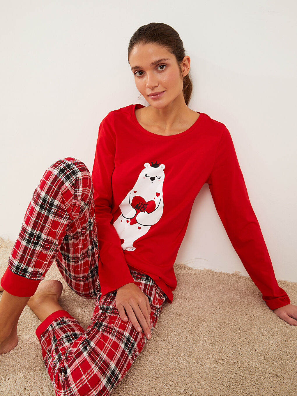 Kırmızı Bisiklet Yaka Baskılı Uzun Kollu Pamuklu Kadın Pijama Takımı-1