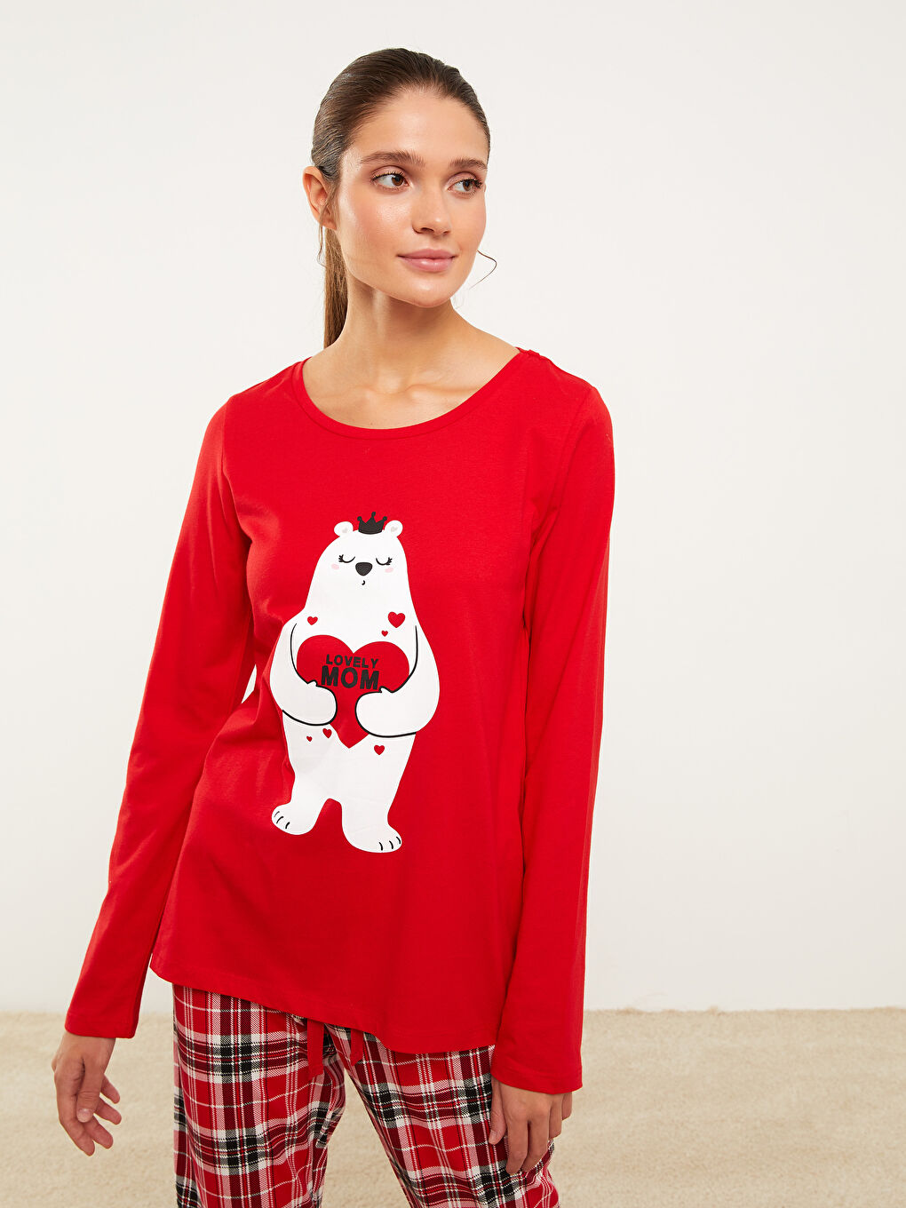 Kırmızı Bisiklet Yaka Baskılı Uzun Kollu Pamuklu Kadın Pijama Takımı-3