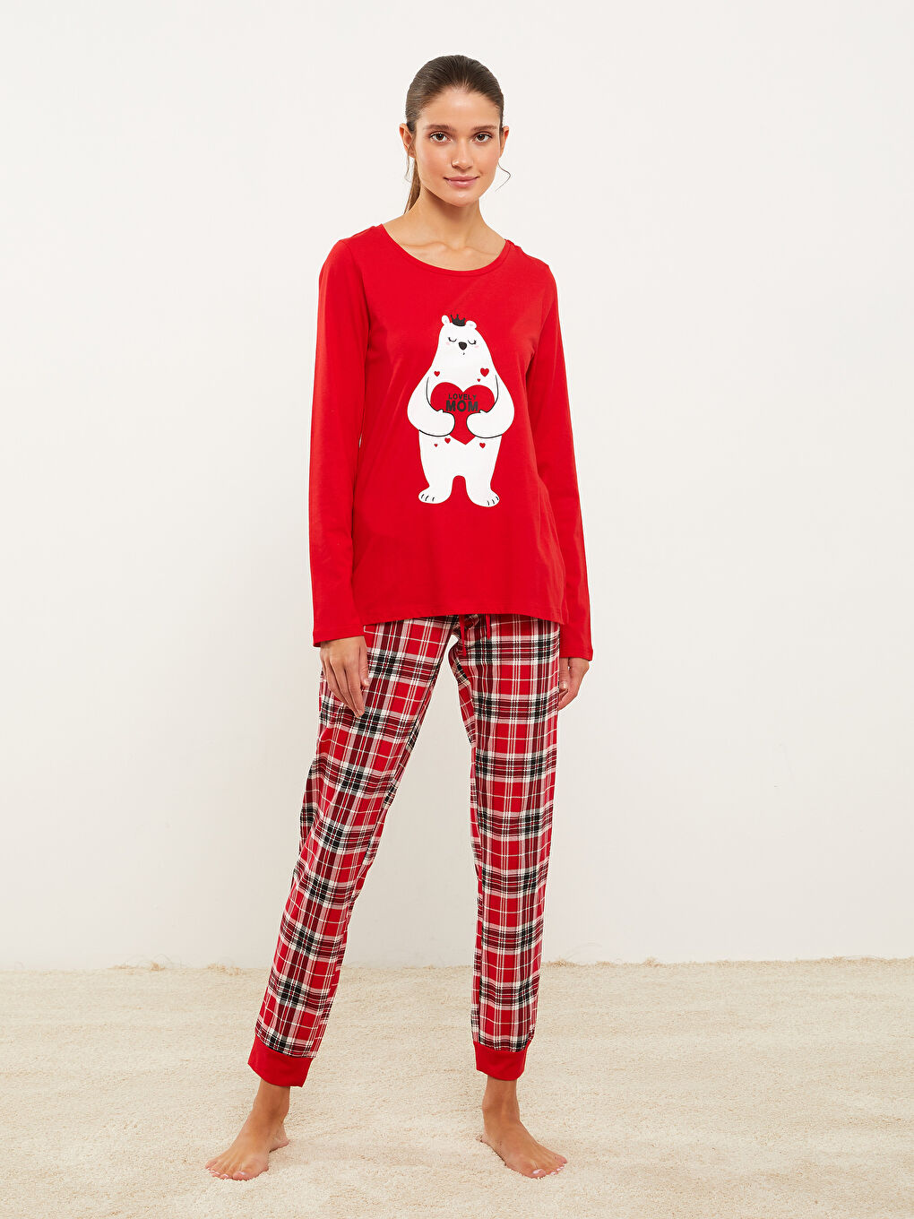 Kırmızı Bisiklet Yaka Baskılı Uzun Kollu Pamuklu Kadın Pijama Takımı-5