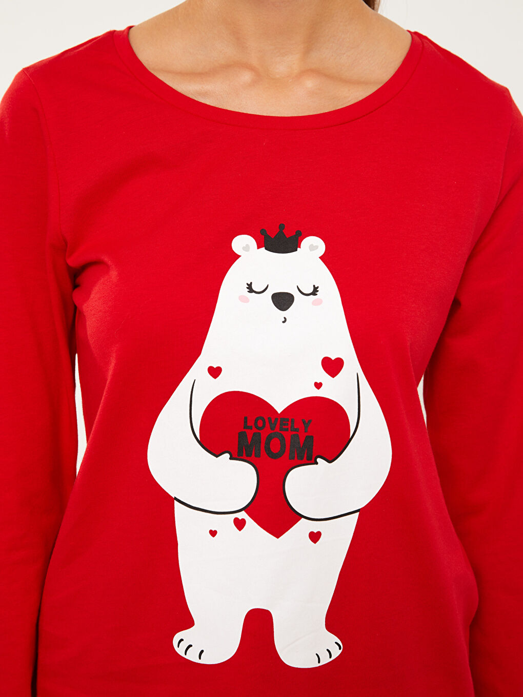 Kırmızı Bisiklet Yaka Baskılı Uzun Kollu Pamuklu Kadın Pijama Takımı-7