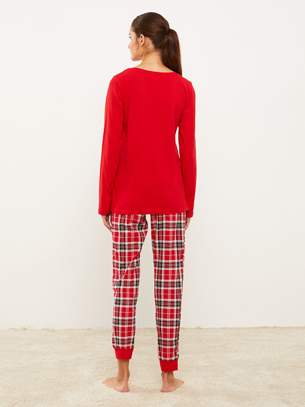 Kırmızı Bisiklet Yaka Baskılı Uzun Kollu Pamuklu Kadın Pijama Takımı-9