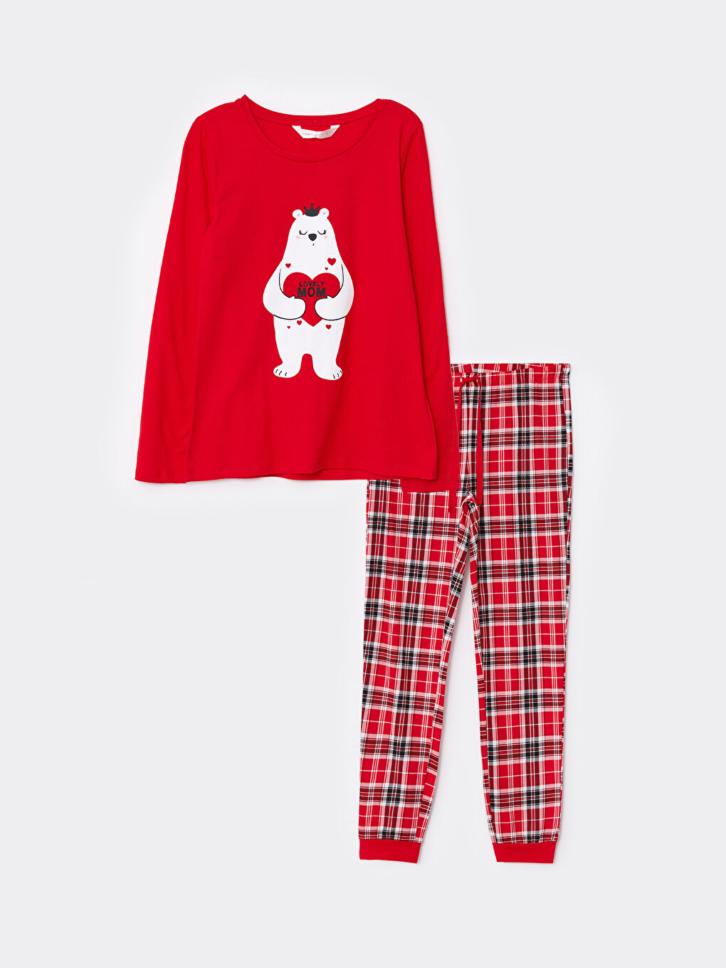 Kırmızı Bisiklet Yaka Baskılı Uzun Kollu Pamuklu Kadın Pijama Takımı-10