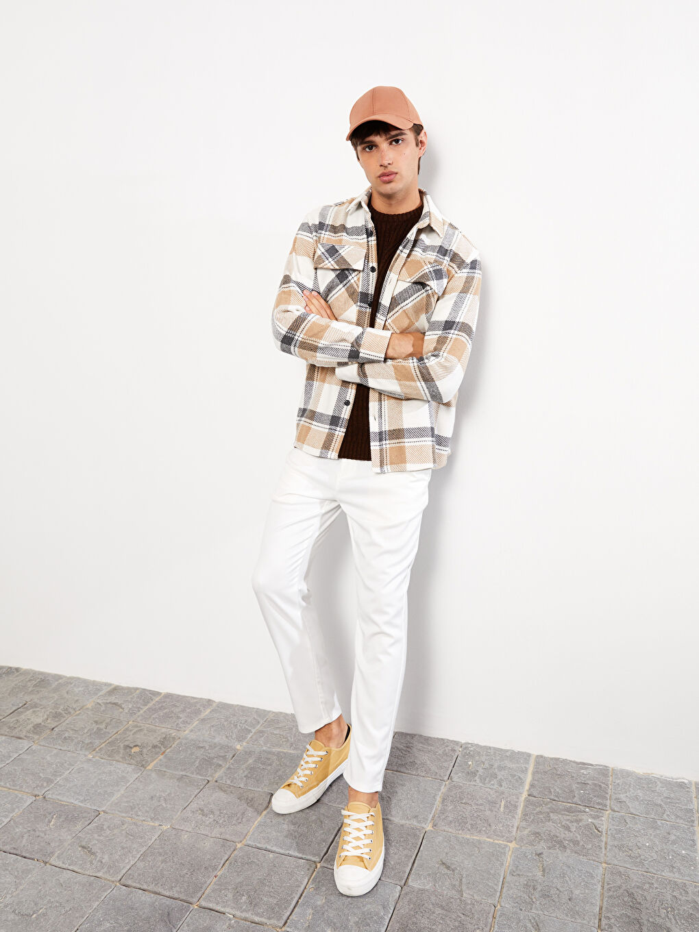 Bej Rahat Kalıp Uzun Kollu Ekose Gabardin Erkek Gömlek