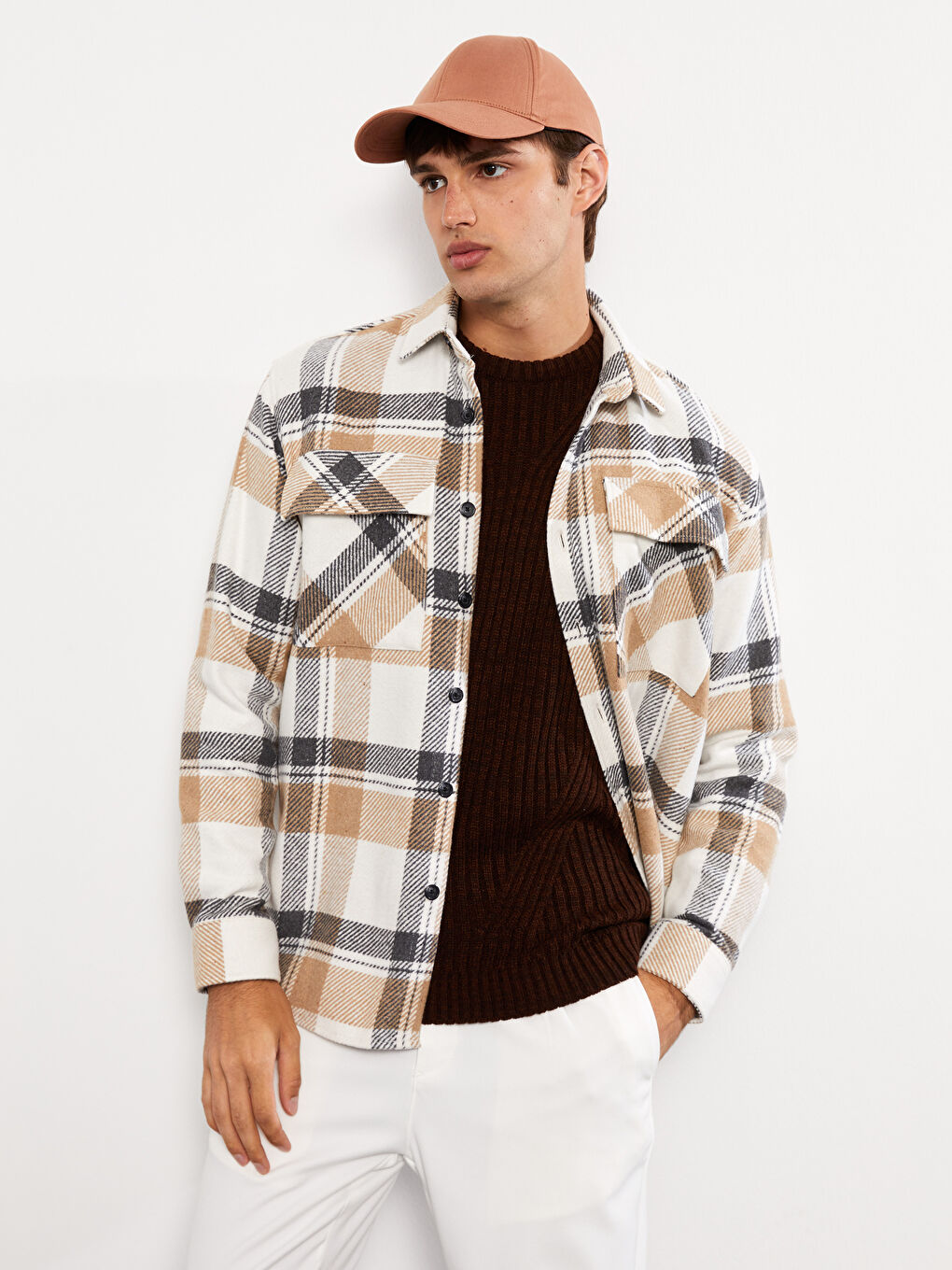 Bej Rahat Kalıp Uzun Kollu Ekose Gabardin Erkek Gömlek-2