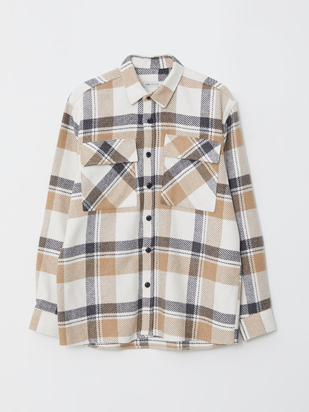 Bej Rahat Kalıp Uzun Kollu Ekose Gabardin Erkek Gömlek-5