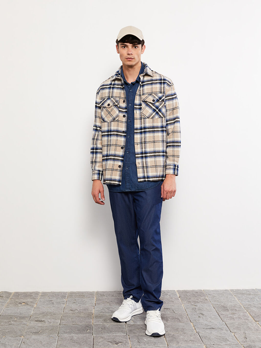 Mavi Rahat Kalıp Uzun Kollu Ekose Erkek Gömlek Ceket