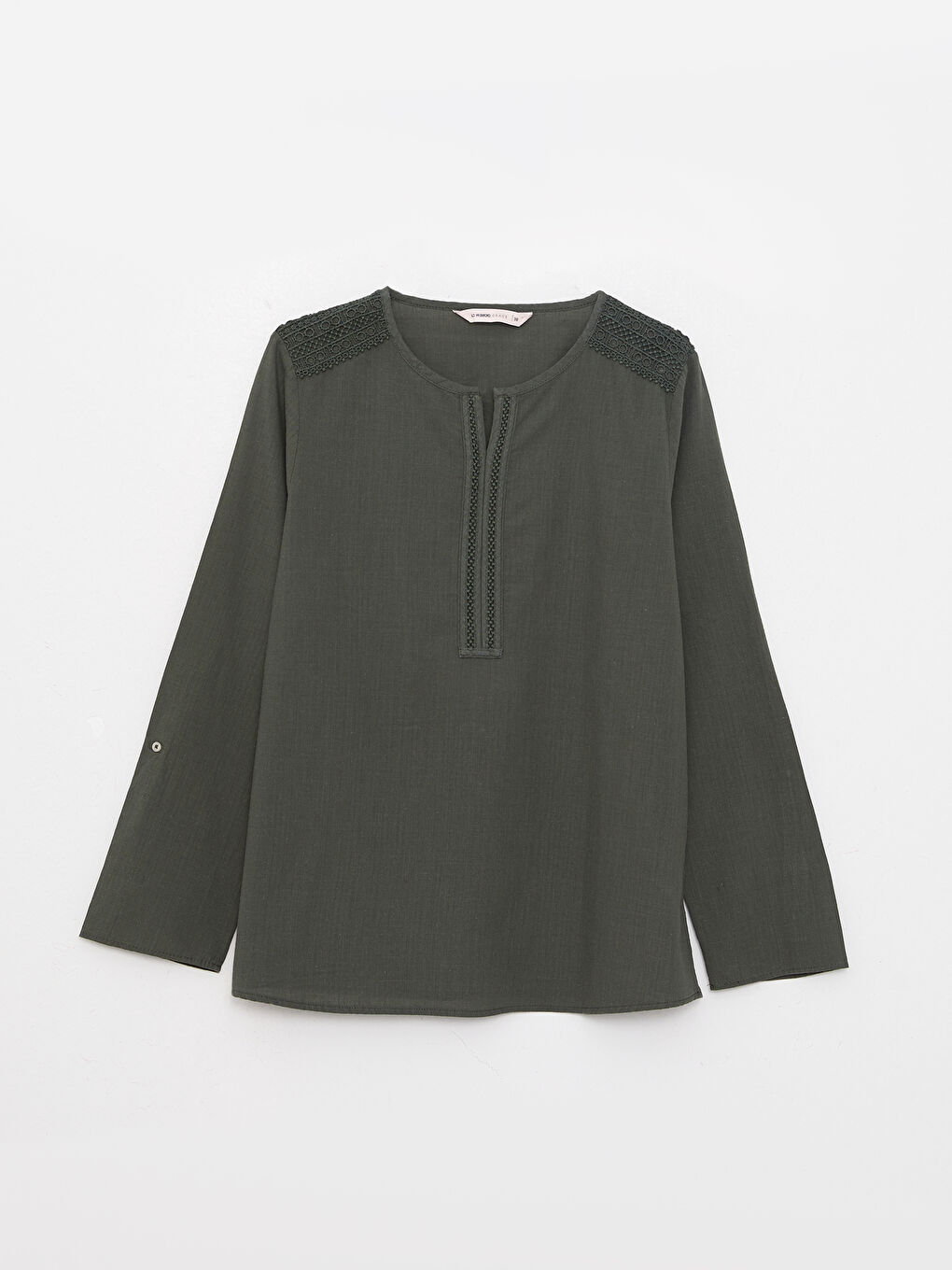Henley Neckline Embroidered Long Sleeve Cotton Women's Blouse-5