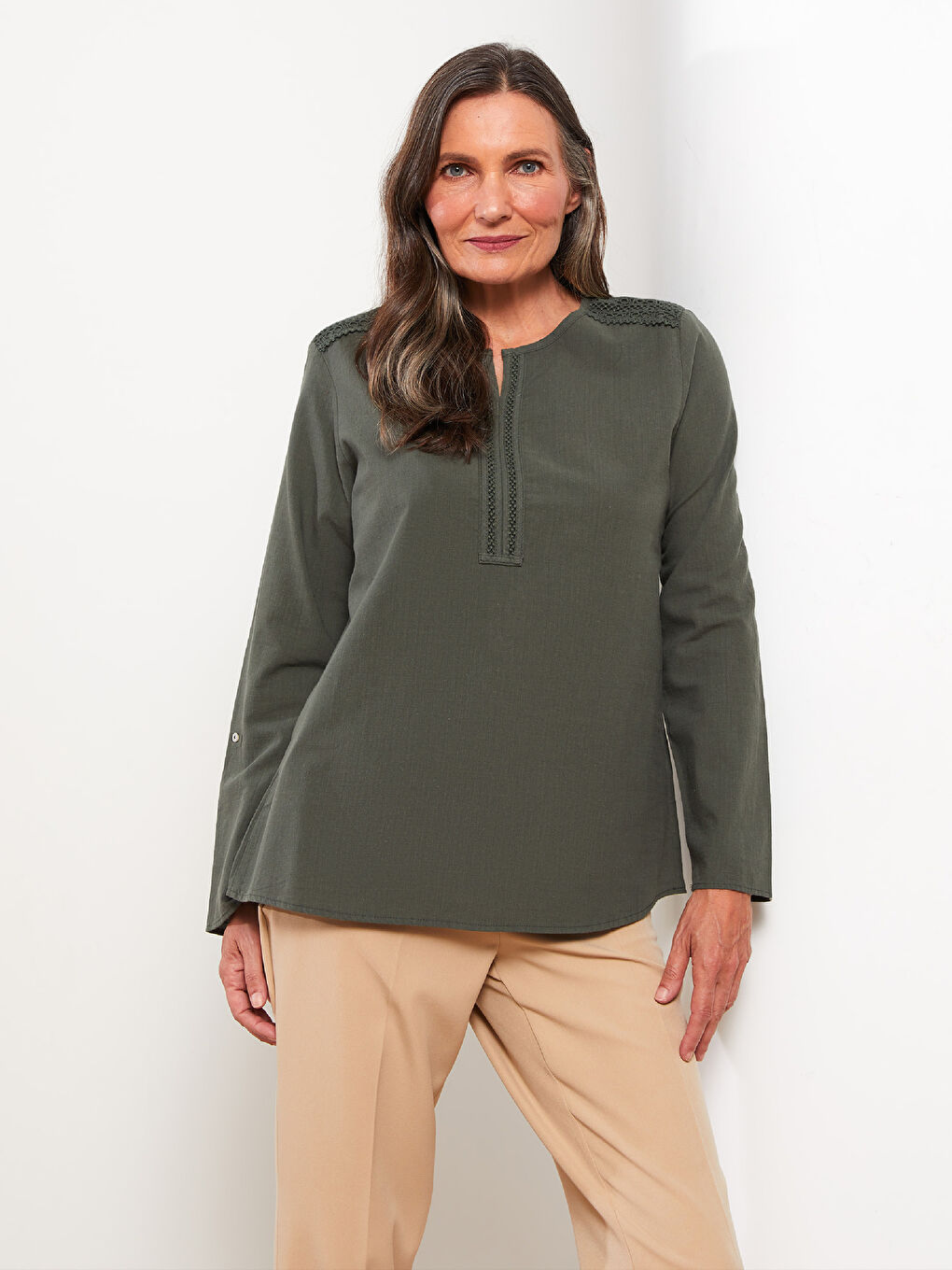 Henley Neckline Embroidered Long Sleeve Cotton Women's Blouse