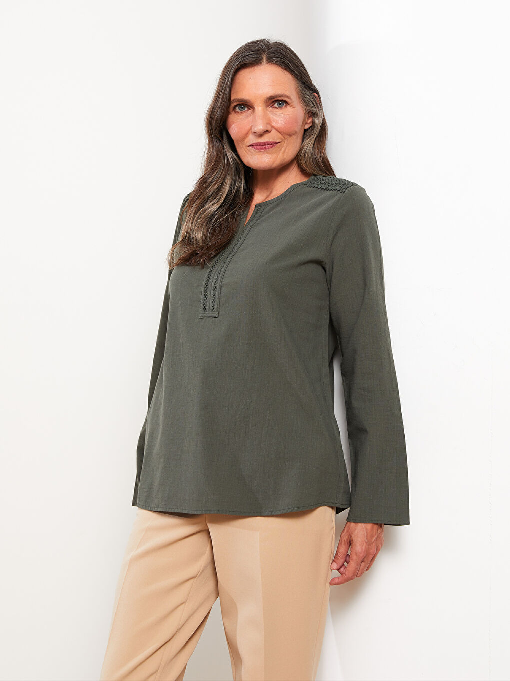 Henley Neckline Embroidered Long Sleeve Cotton Women's Blouse-1