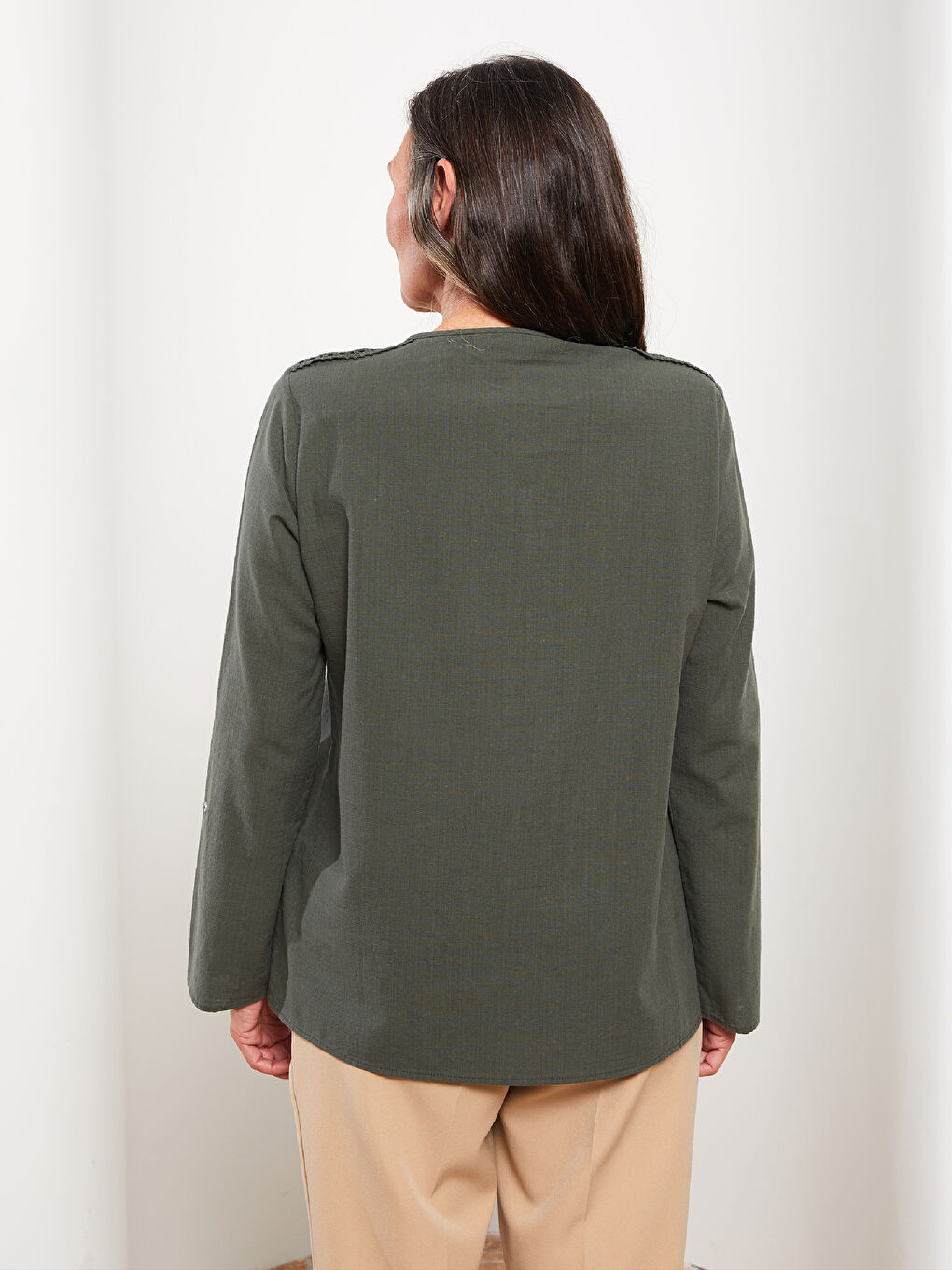 Henley Neckline Embroidered Long Sleeve Cotton Women's Blouse-4
