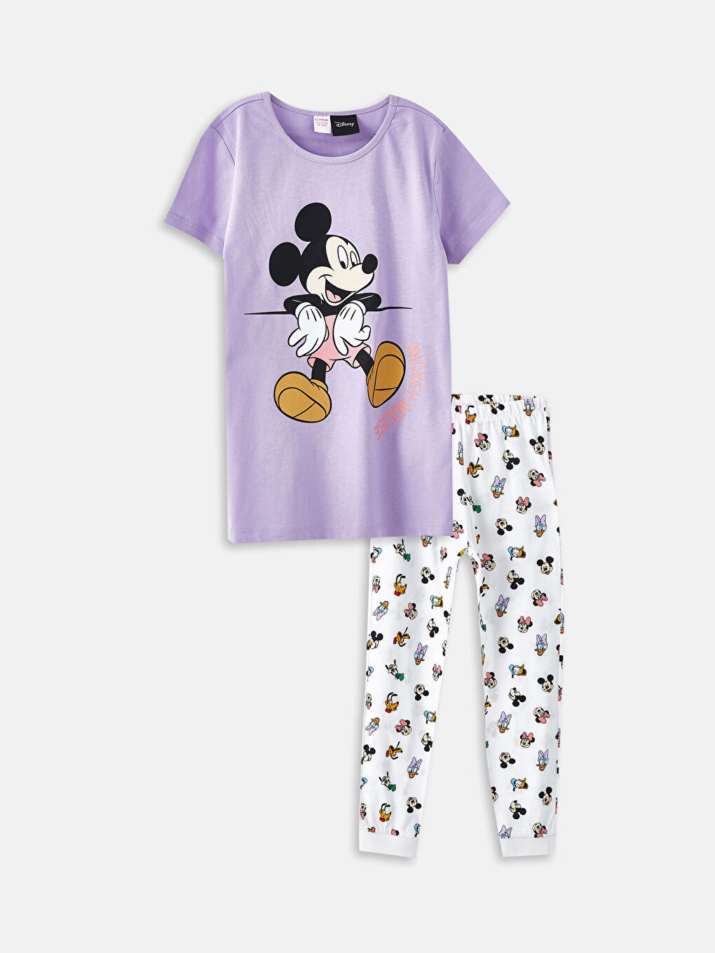 LCW Kids Koyu Lila Bisiklet Yaka Mickey Mouse Baskılı Kısa Kollu Kız Çocuk Pijama Takımı