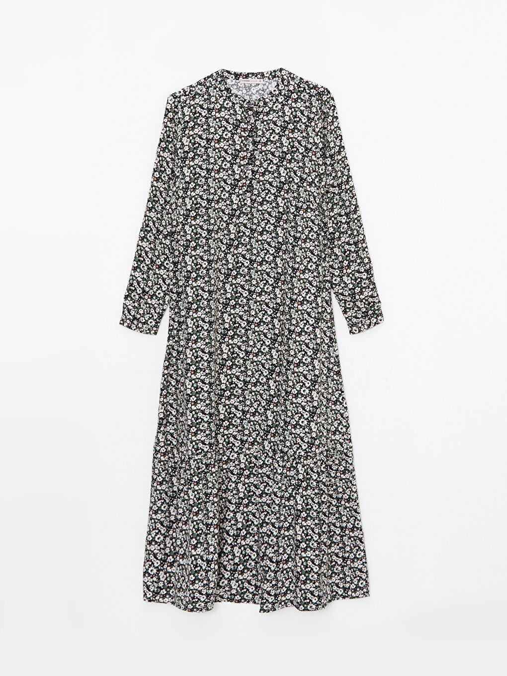 Haki Bisiklet Yaka Çiçekli Uzun Kollu A Kesim Viskon Kadın Elbise-5