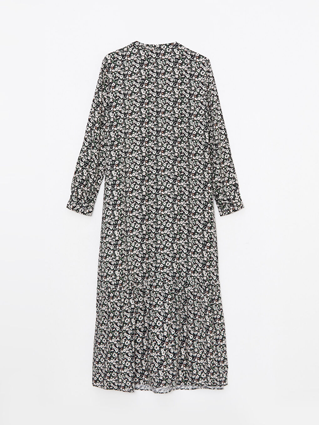 Haki Bisiklet Yaka Çiçekli Uzun Kollu A Kesim Viskon Kadın Elbise-6