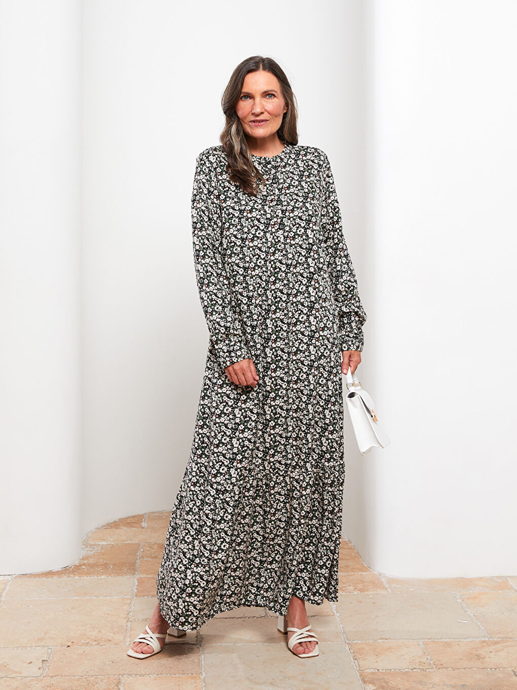 Haki Bisiklet Yaka Çiçekli Uzun Kollu A Kesim Viskon Kadın Elbise-1