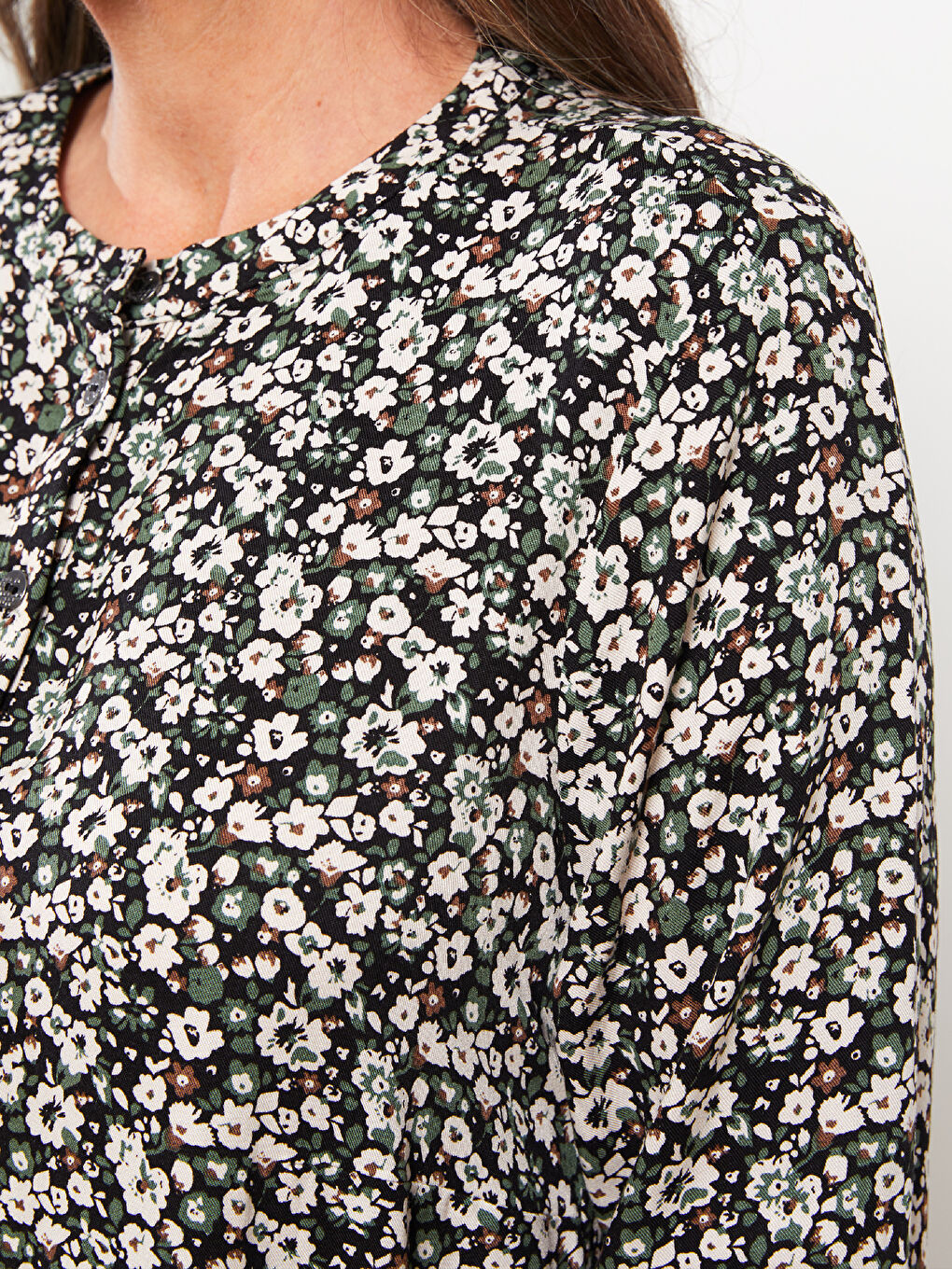 Haki Bisiklet Yaka Çiçekli Uzun Kollu A Kesim Viskon Kadın Elbise-3