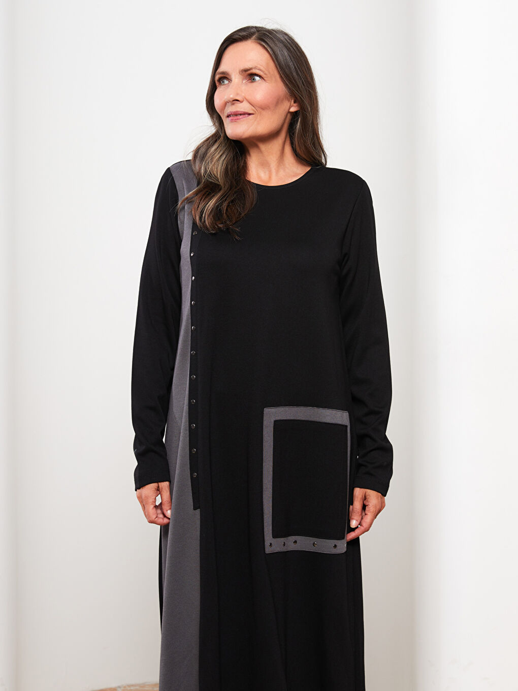 LC Waikiki Crew Neck Long Sleeve A-Cut Women's Dress with Color Block -W2AD58Z8-CVL