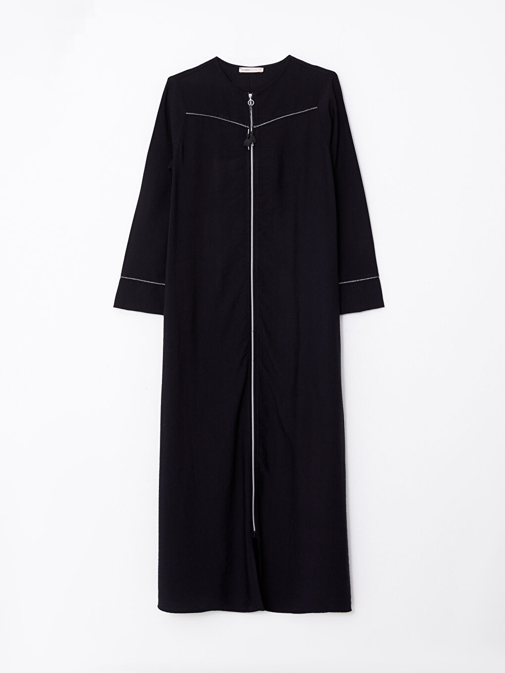 Siyah Bisiklet Yaka Düz Uzun Kollu Kadın Ferace-5