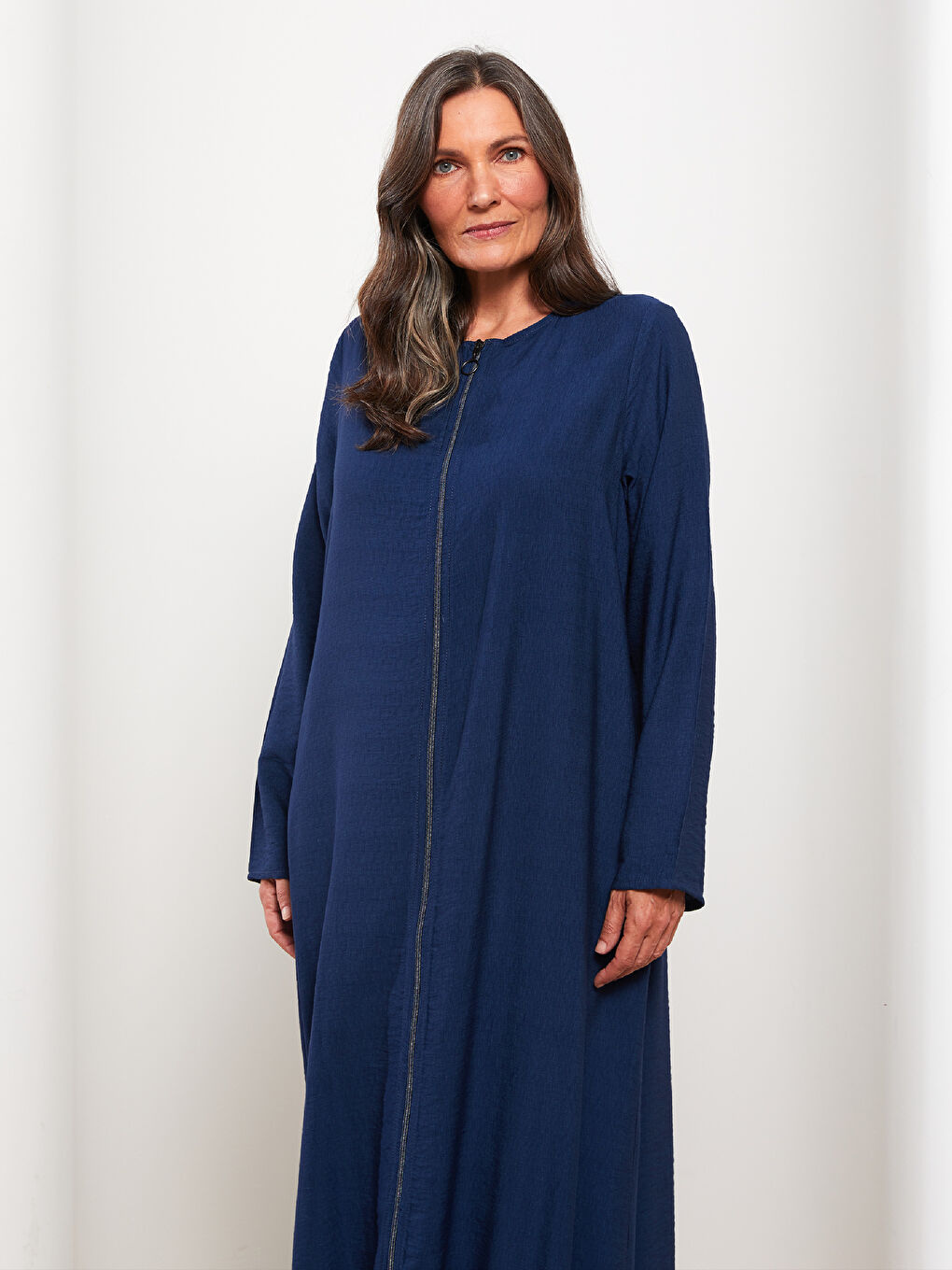 Lacivert Bisiklet Yaka Düz Uzun Kollu A Kesim Kadın Ferace-2