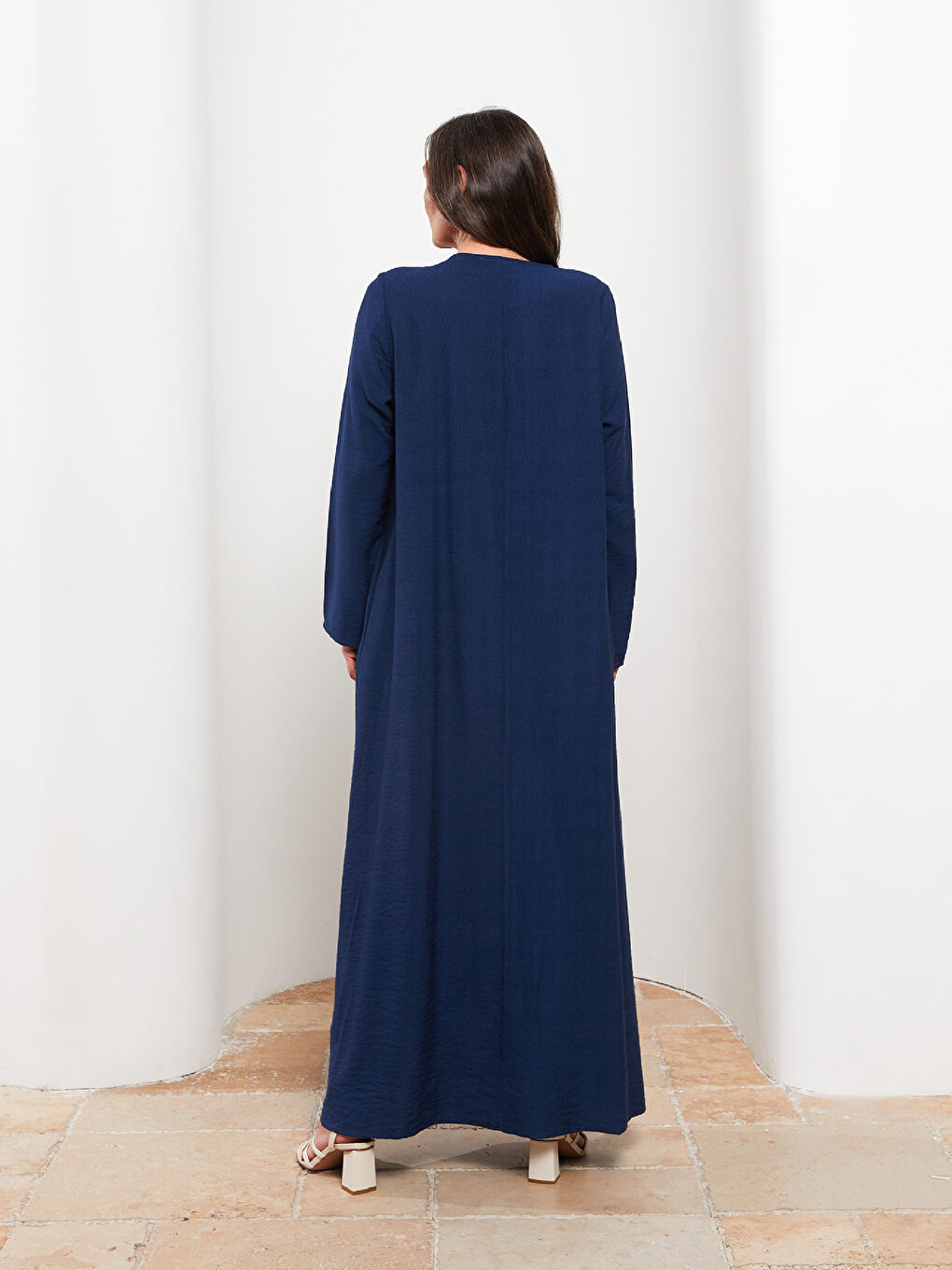 Lacivert Bisiklet Yaka Düz Uzun Kollu A Kesim Kadın Ferace-4