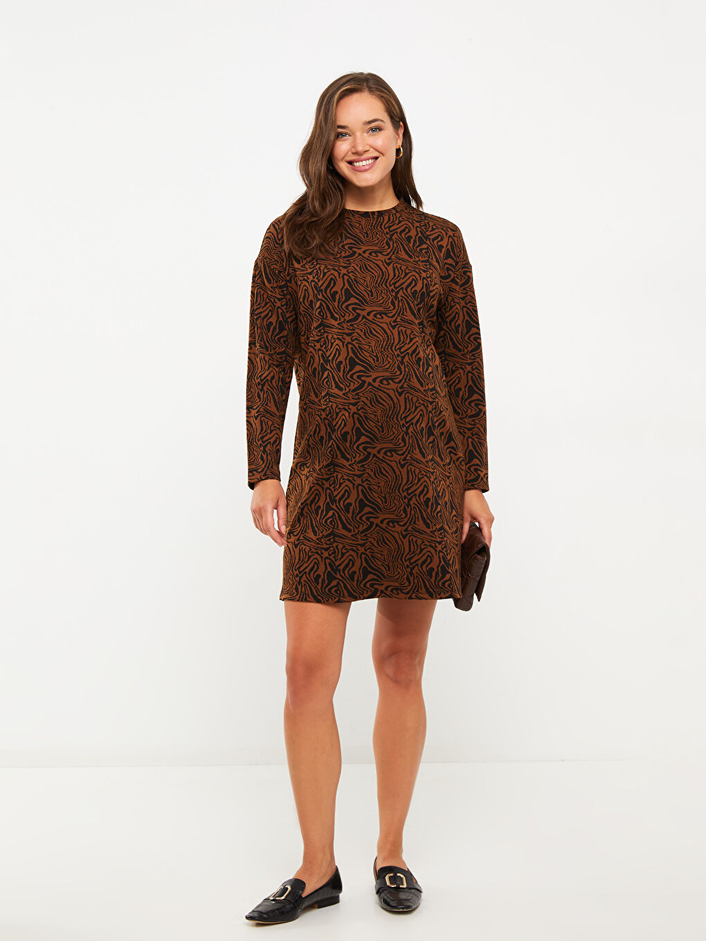 Kahverengi Bisiklet Yaka Desenli Uzun Kollu Hamile Elbise