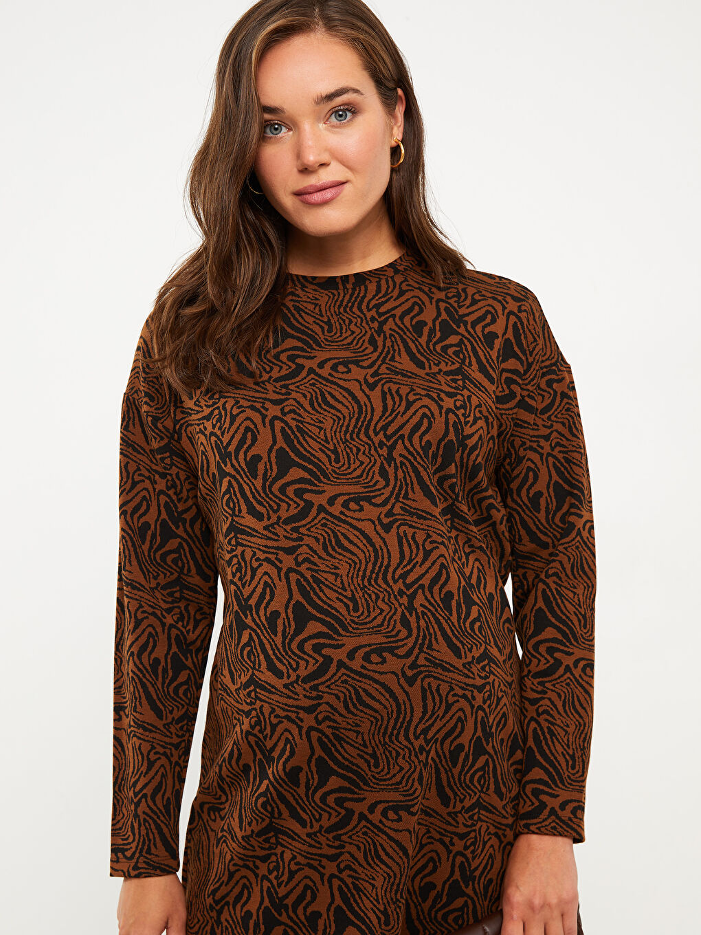 Kahverengi Bisiklet Yaka Desenli Uzun Kollu Hamile Elbise-2