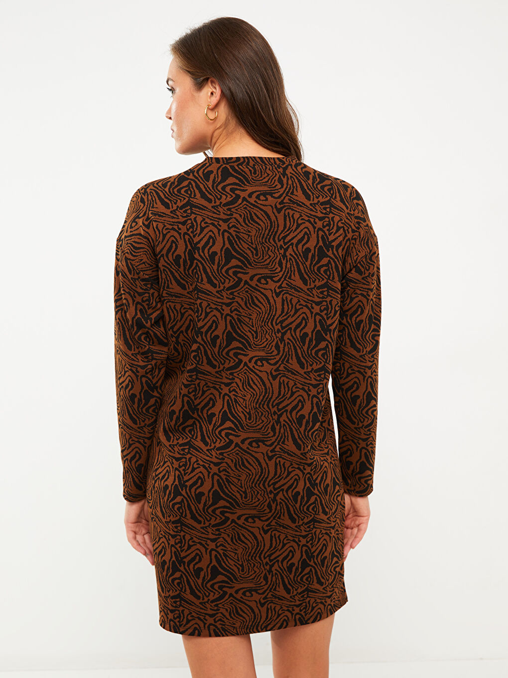 Kahverengi Bisiklet Yaka Desenli Uzun Kollu Hamile Elbise-4