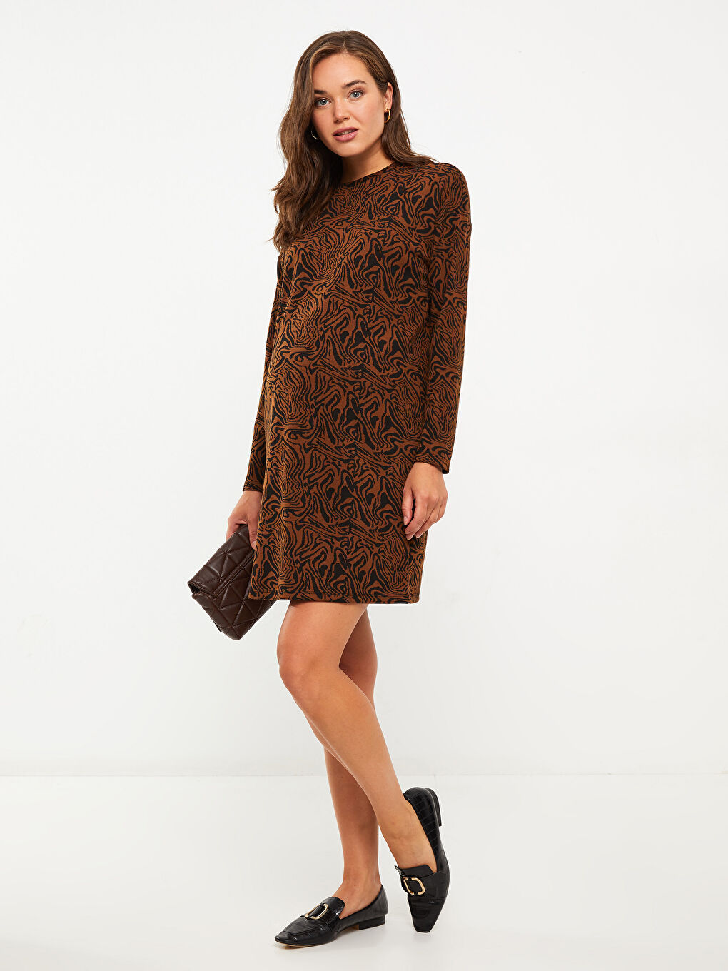 Kahverengi Bisiklet Yaka Desenli Uzun Kollu Hamile Elbise-1