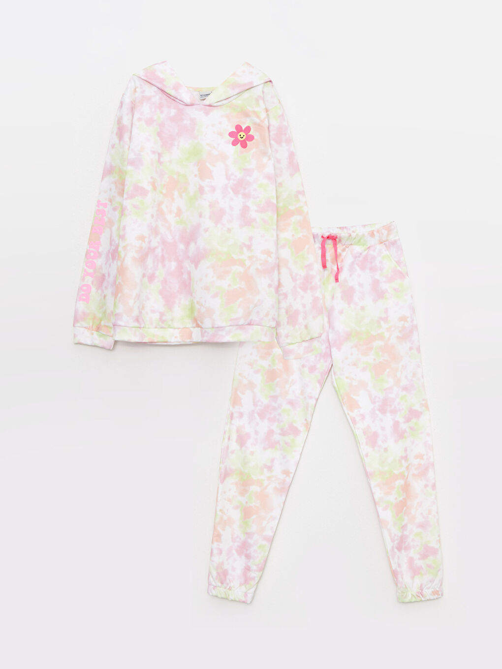 Karışık Kapüşonlu Batik Desenli Uzun Kollu Kız Çocuk Sweatshirt ve Eşofman Altı