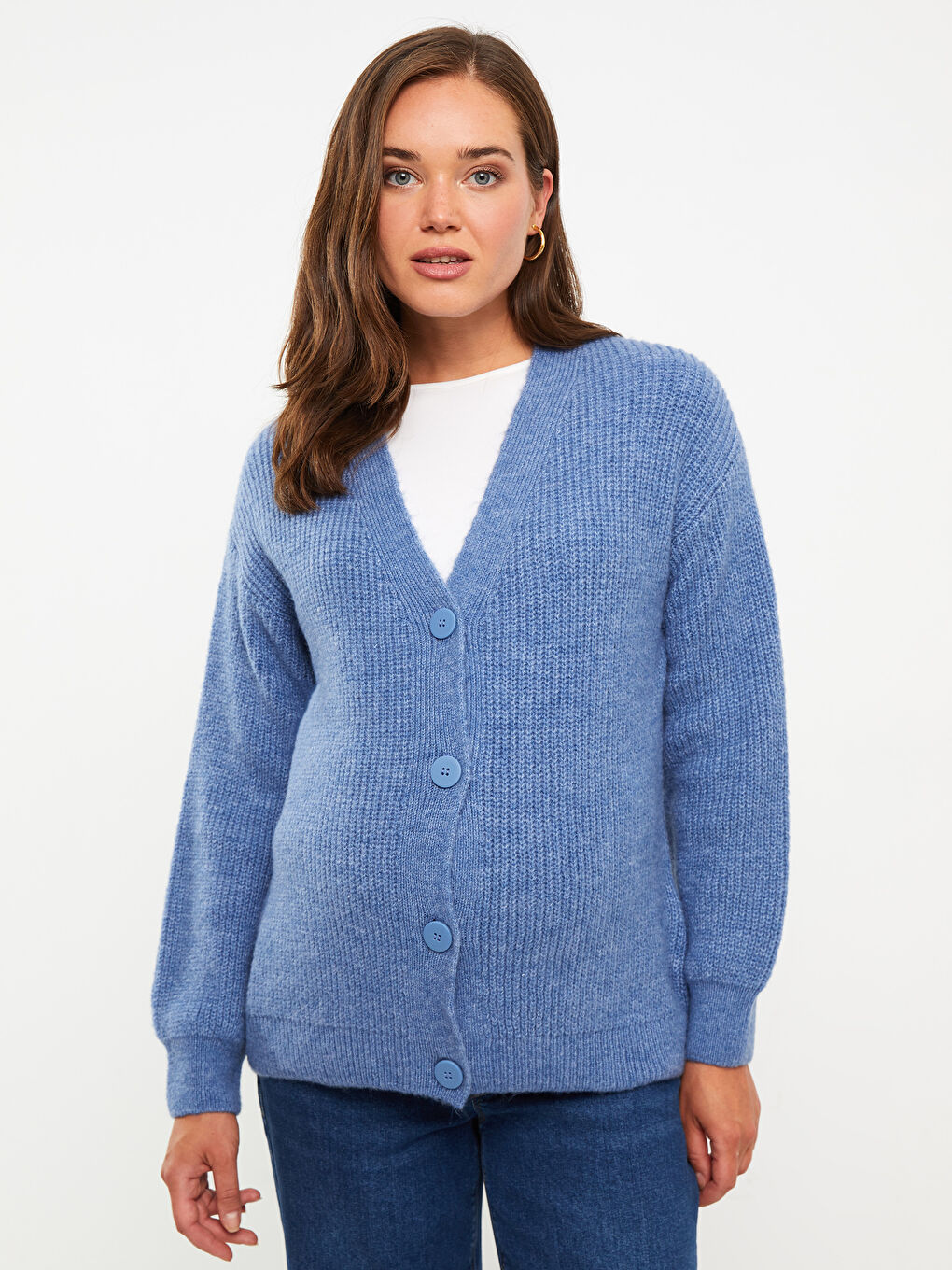 V жағалы стандартты ұзын жеңді жүктілікке арналған трикотаж кардиган-1