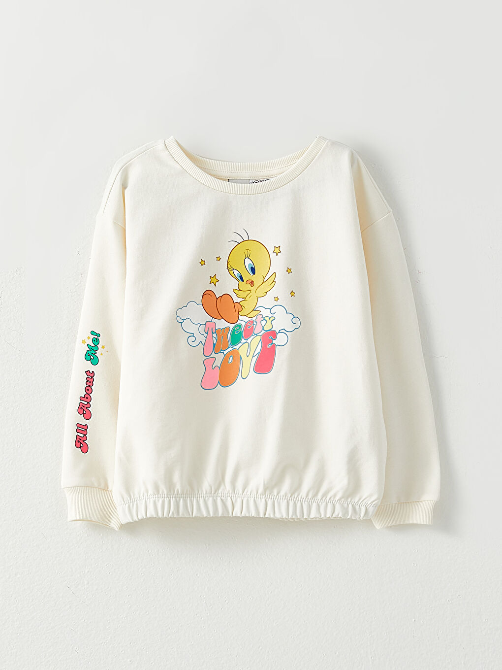 LCW Kids Ekru Bisiklet Yaka Tweety Baskılı Uzun Kollu Kız Çocuk Sweatshirt