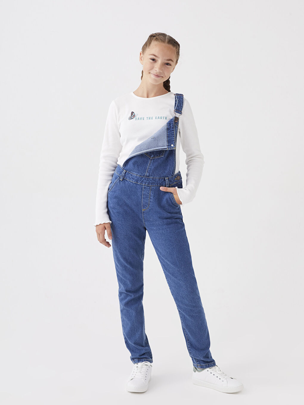 Ekru Bisiklet Yaka Nakışlı Uzun Kollu Kız Çocuk Tişört