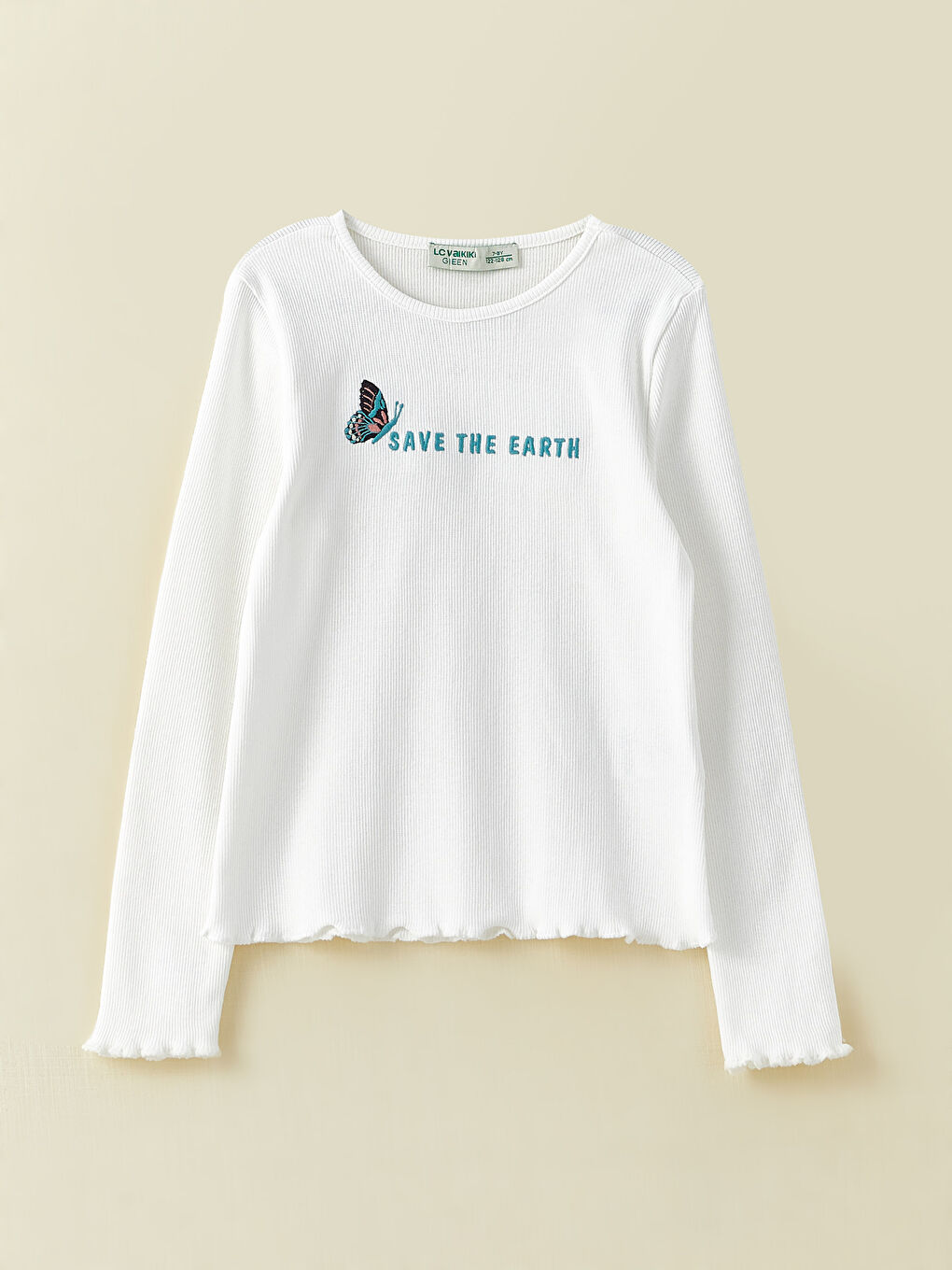 Ekru Bisiklet Yaka Nakışlı Uzun Kollu Kız Çocuk Tişört-2