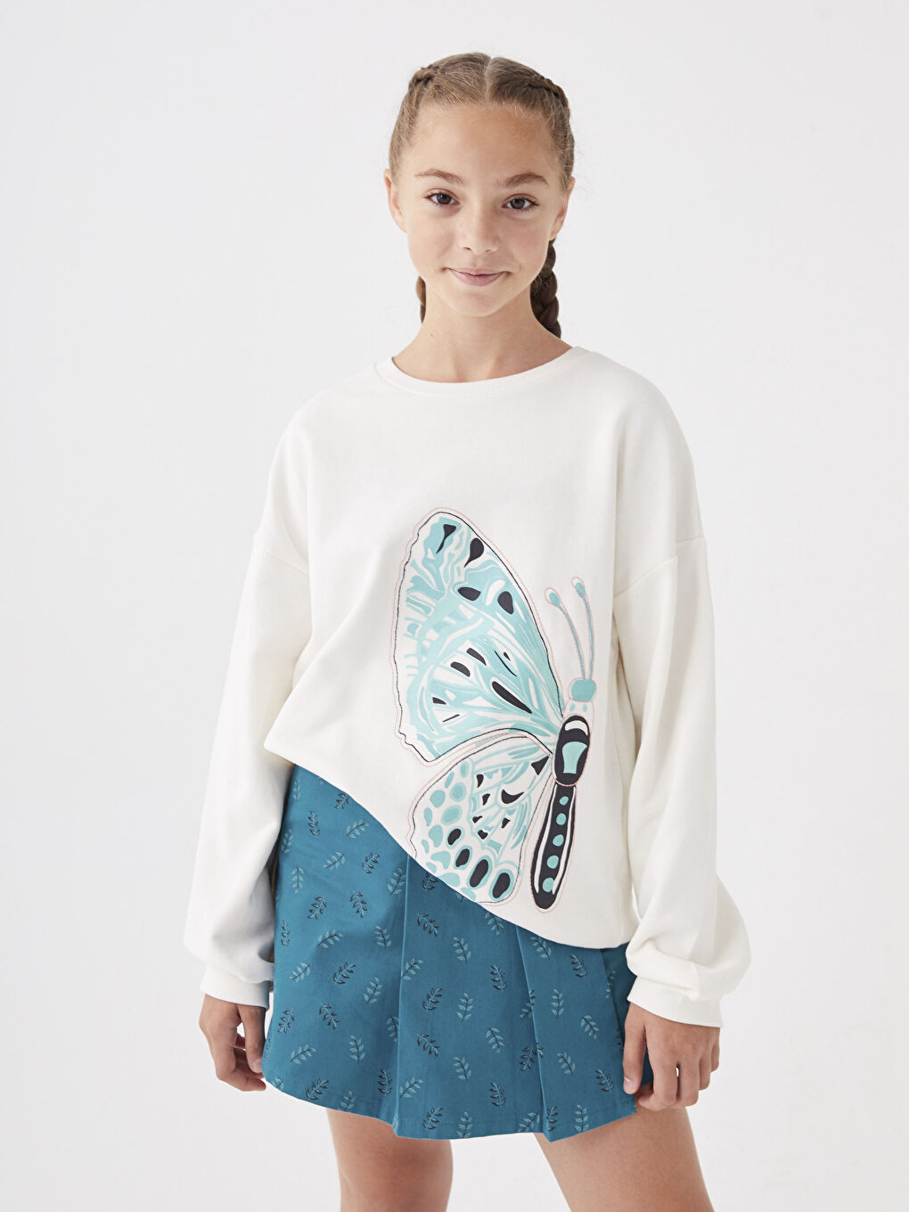 Ekru Bisiklet Yaka Baskılı Uzun Kollu Kız Çocuk Sweatshirt